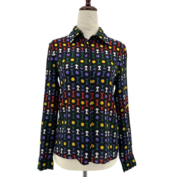 Alice + Olivia Womens XS Top Willa Silk Placket Multicolor Print Button Blouse - Picture 1 of 9
